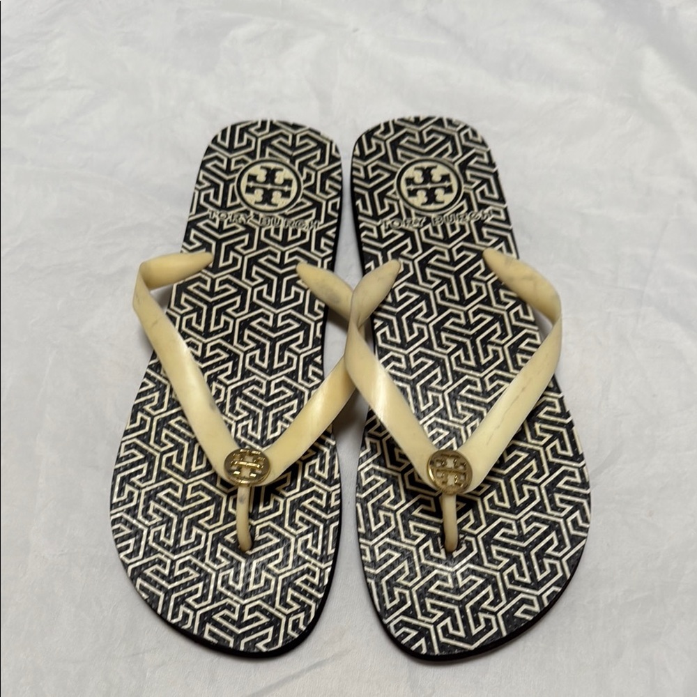 Tory Burch Black and Cream Sandals with Geometric Design